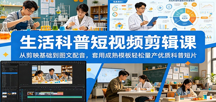 生活科普短视频剪辑课：从剪映基础到图文配音，套用成熟模板轻松量产优质科普短片-冒泡网
