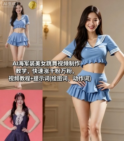 AI海军装美女跳舞视频制作教学，快速涨千粉万粉，视频教程+提示词(绘图词、动作词)-冒泡网