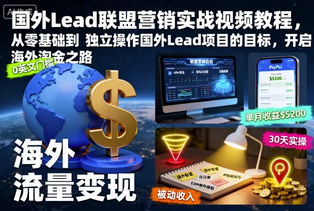 国外Lead联盟营销实战视频教程，从零基础到独立操作国外Lead项目的目标，开启海外淘金之路-冒泡网