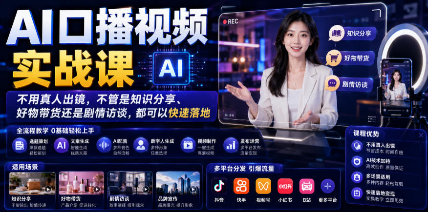 AI口播视频实战课，不用真人出镜，不管是知识分享、好物带货还是剧情访谈，都可以快速落地-冒泡网