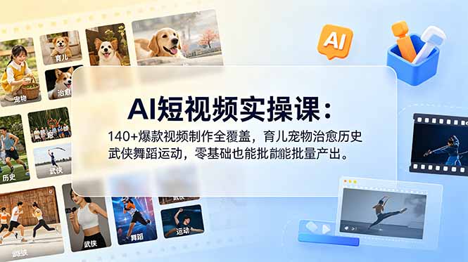 AI短视频实操课：140+爆款视频制作全覆盖，育儿宠物治愈历史武侠舞蹈运动，零基础也能批量产出-冒泡网