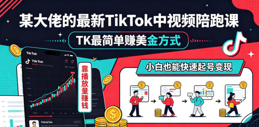 某大佬的最新TikTok中视频陪跑课，TK最简单賺美金方式，靠播放量賺钱，小白也能快速起号变现-冒泡网