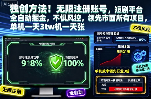 独创方法！无限注册账号，短剧平台全自动掘金，不惧风控，领先市面所有项目，单机一天3张【揭秘】-冒泡网