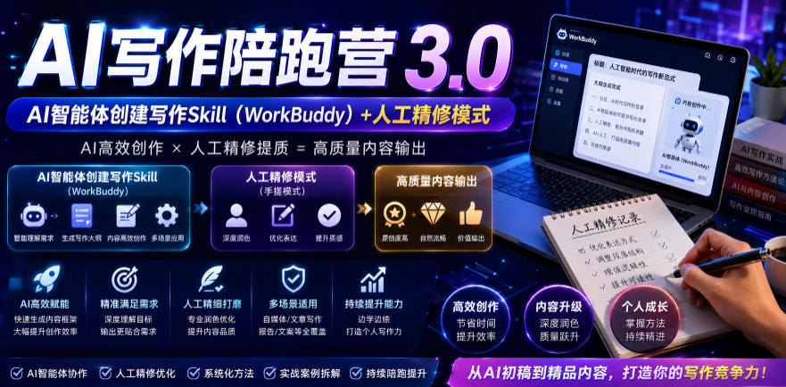 67de2553a7d9b800673f55817845c1ad.jpeg AI写作陪跑营3.0,Ai智能体创建写作skill(workbuddy)+人工手写模式(手搓模式),去除AI痕迹(头条号、公众号、百家号)