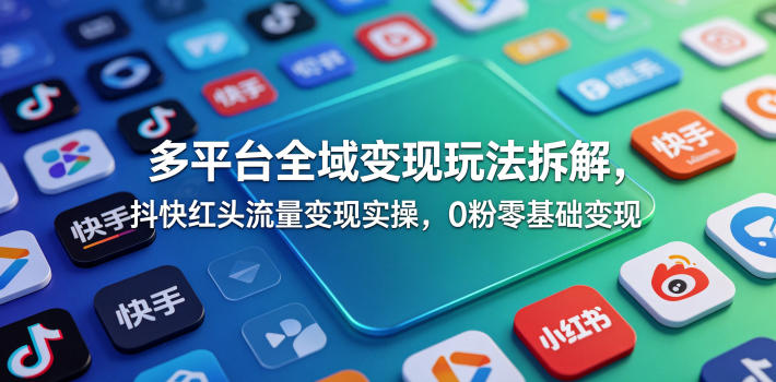 多平台全域变现玩法拆解，抖快红头流量变现实操，0粉零基础变现-冒泡网