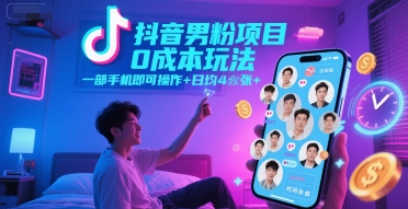 抖音男粉项目0成本玩法，一部手机即可操作，日均4张+，时间自由-冒泡网