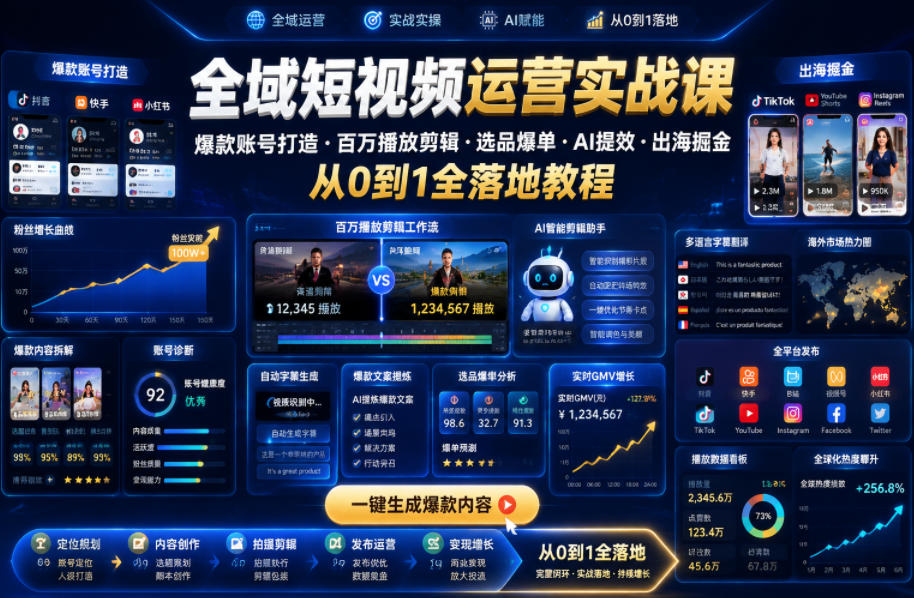 全域短视频运营实战课，爆款账号打造・百万播放剪辑・选品爆单・AI提效・出海掘金，从0到1全落地教程-冒泡网