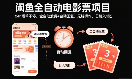 闲鱼全自动电影票项目，24h爆单不停，全自动发货+自动回复，无脑操作，日稳入3张【揭秘】-冒泡网