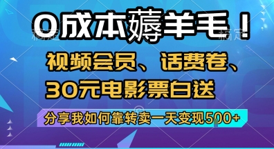 0成本薅羊毛!视频会员、话费卷、30元电影票白送，分享我如何靠转卖一天变现5张+【揭秘】-冒泡网