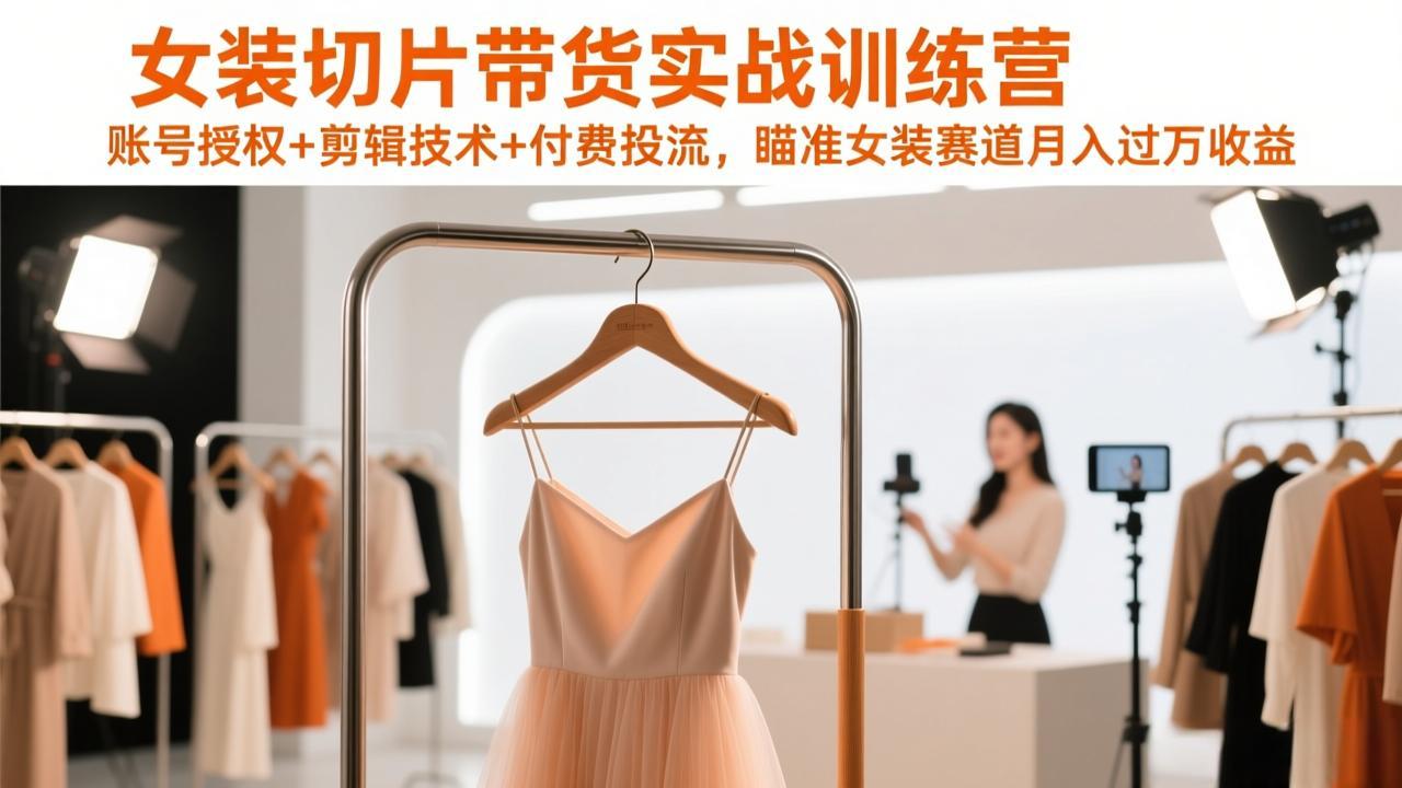 女装切片带货实战训练营，账号授权+剪辑技术+付费投流，瞄准女装赛道月入过万收益-冒泡网