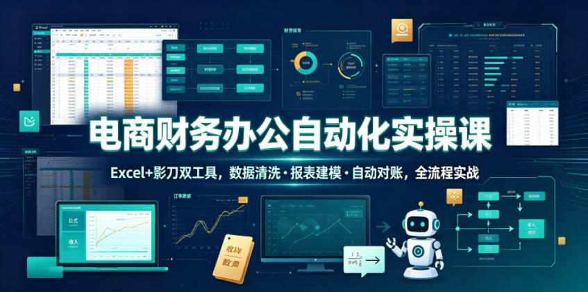 电商财务办公自动化实操课，Excel+影刀双工具，数据清洗・报表建模・自动对账，全流程实战-冒泡网