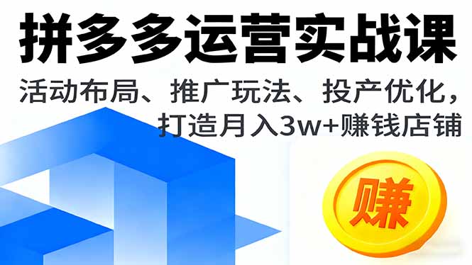 拼多多运营实战课，活动布局、推广玩法、投产优化，打造月入3w+赚钱店铺-冒泡网