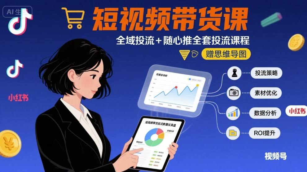 最新短视频带货课，全域投流+随心推全套投流课程+思维导图-冒泡网