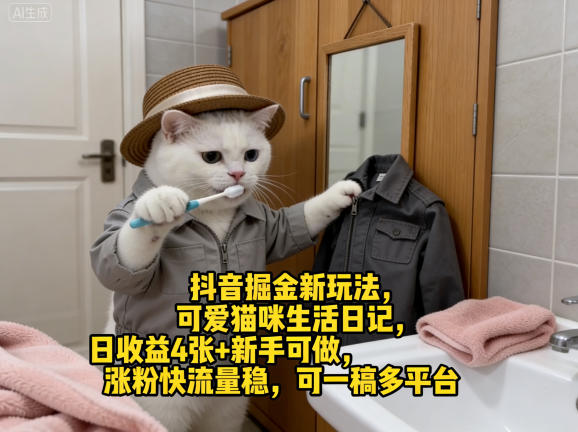 抖音掘金新玩法，可爱猫咪生活日记，日收益4张+新手可做，涨粉快流量稳，可一稿多平台-冒泡网
