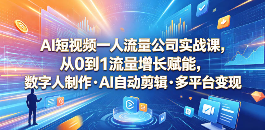 AI短视频一人流量公司实战课，从0到1流量增长赋能，数字人制作・AI自动剪辑・多平台变现，一人做流量生意全落地教程-冒泡网