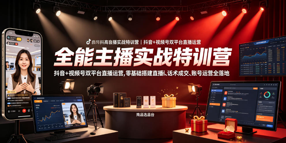 全能主播实战特训营｜抖音+视频号双平台直播运营，零基础搭建直播间、精准选品、话术成交、账号运营全落地-冒泡网