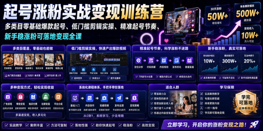 苗子起号涨粉实战变现训练营，多类目零基础爆款起号、精准起号节奏、新手稳涨粉可落地变现全课(更新0719)-冒泡网