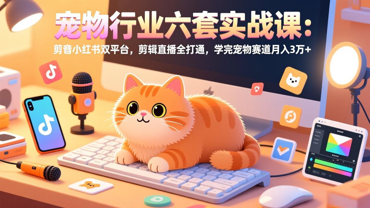 宠物行业六套实战课：抖音小红书双平台，剪辑直播全打通，学完宠物赛道月入3万+-冒泡网