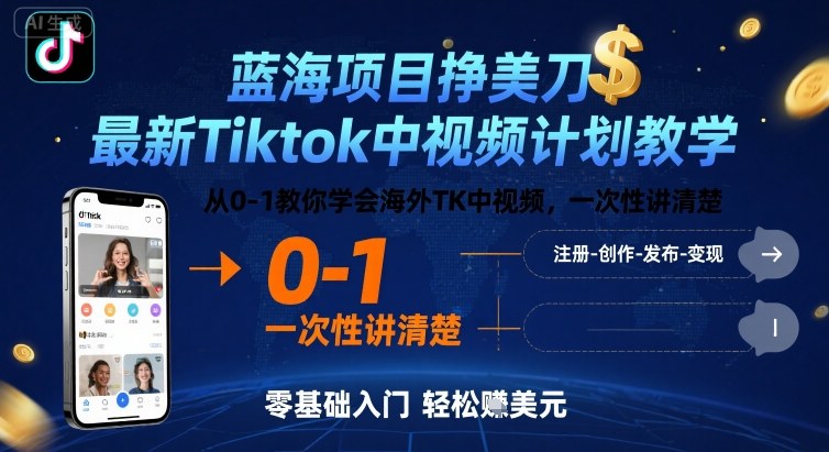 蓝海项目挣美刀，最新Tiktok中视频计划教学，从0-1教你学会海外TK中视频，一次性讲清楚-冒泡网