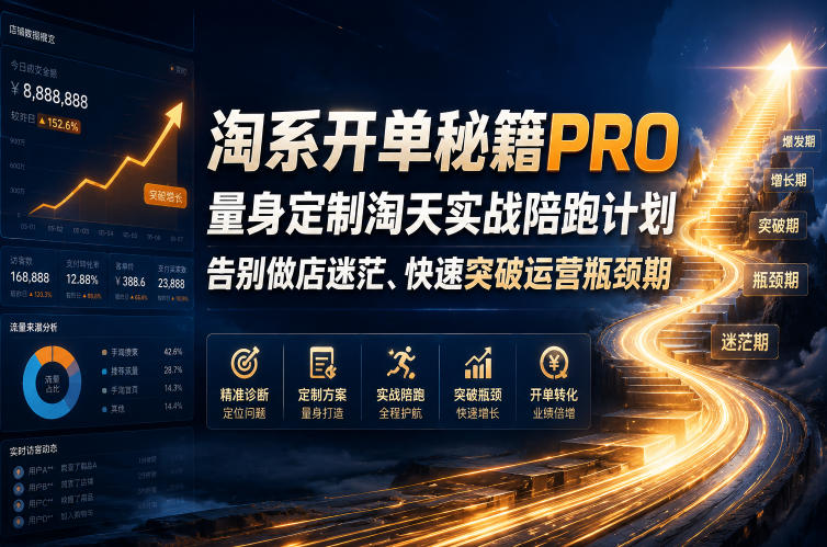 96d8e9b5c47742894ecdeb55b1cd5721.jpeg 淘系开单秘籍PRO,量身定制淘天实战陪跑计划,告别做店迷茫、快速突破运营瓶颈期(2026年6月11)