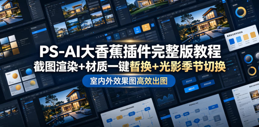 PS-AI大香蕉插件完整版教程，截图渲染+材质一键替换+光影季节切换，室内外效果图高效出图高阶课程-蜗牛学社