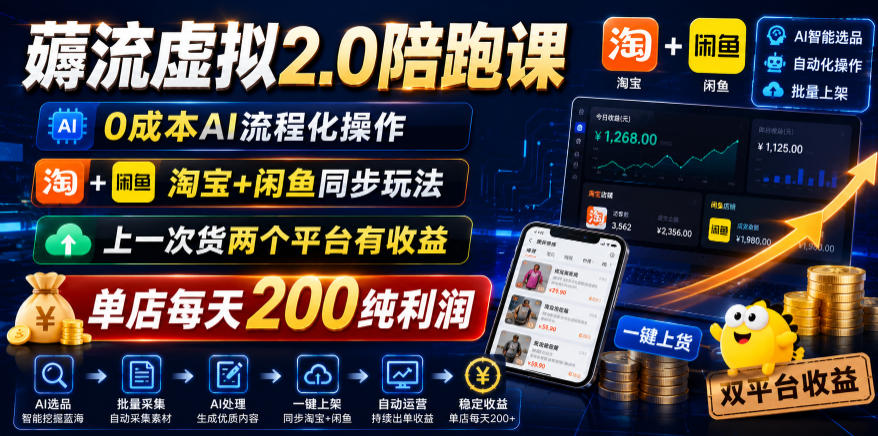 薅流虚拟2.0陪跑课，0成本AI流程化操作，淘宝+闲鱼同步玩法，上一次货两个平台有收益，单店每天200纯利润-冒泡网
