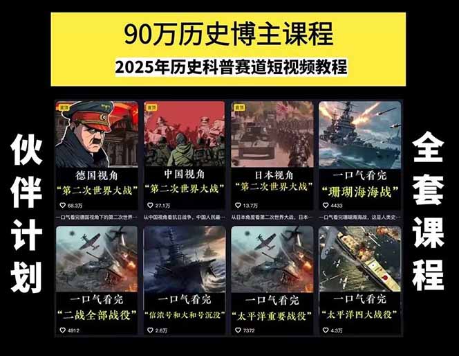 历史短视频赛道变现课，百集素材库应用，文案剪辑技巧，账号运营全案