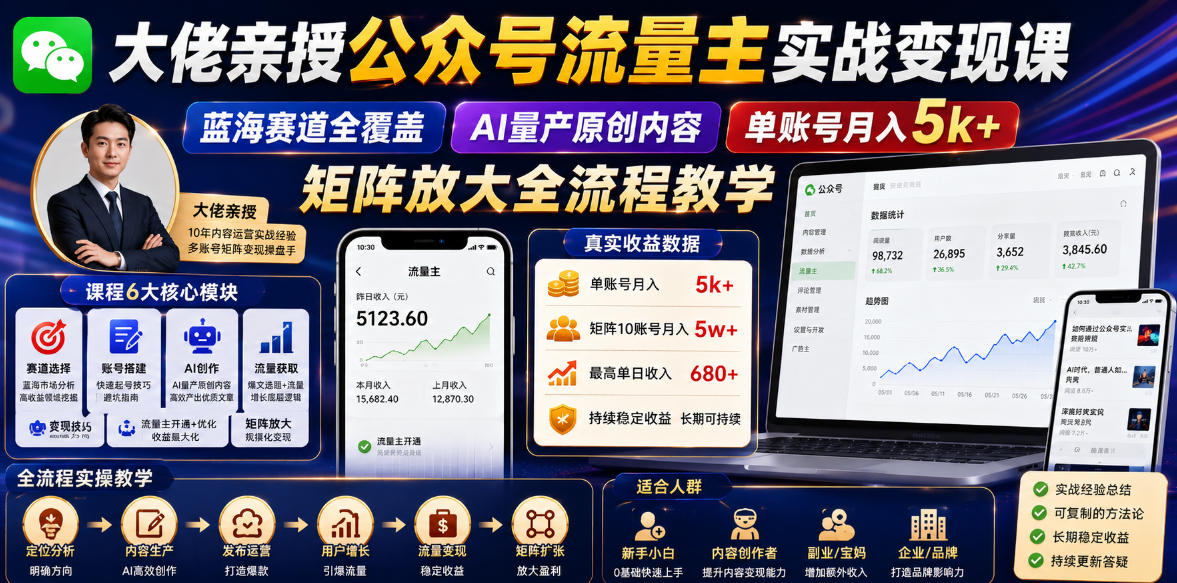 9a5ce2927ccd98db598271847ac8f6ac.jpeg 大佬亲授公众号流量主实战变现课,蓝海赛道全覆盖,AI量产原创内容,单账号月入5k+矩阵放大全流程教学