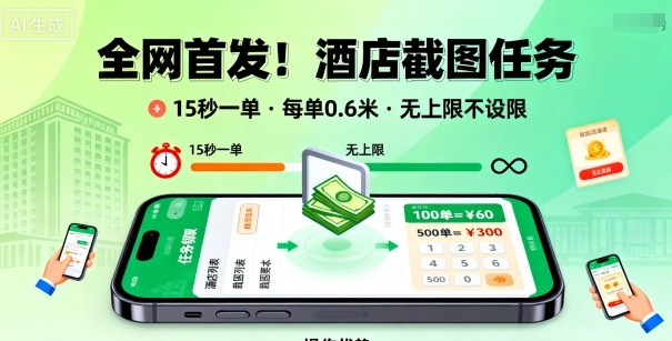 全网首发！酒店截图任务，15秒一单，每单0.6米，任务无上限不设限，矩阵操作单日3张到手【揭秘】-冒泡网