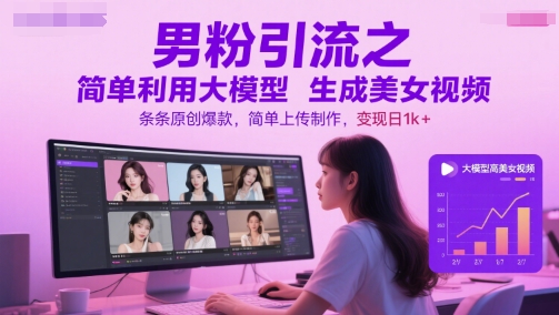 男粉引流之简单利用大模型生成美女视频，条条原创爆款，简单上传制作，变现日1k+-冒泡网