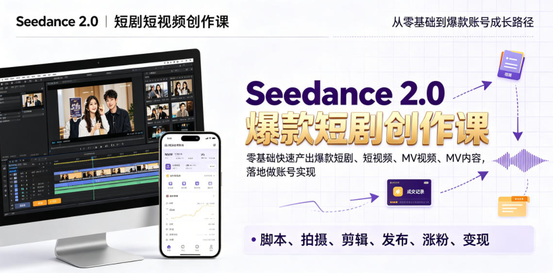 Seedance 2.0短剧短视频创作课，零基础快速产出爆款短剧、短视频、MV内容，落地做账号实现变现-冒泡网