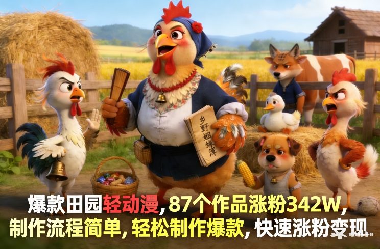 爆款田园轻动漫，87个作品涨粉342W，制作流程简单，轻松制作爆款，快速涨粉变现-冒泡网