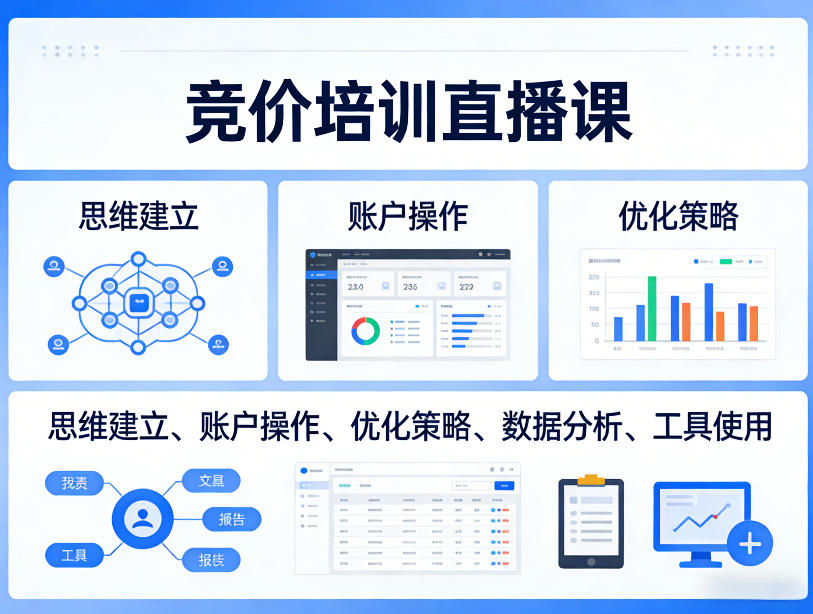 aa6a82dfa137bdaae2cec5cfbb35e443.jpeg 竞价培训直播课,覆盖思维建立、账户操作、优化策略、数据分析、工具使用等,全方位提升效果
