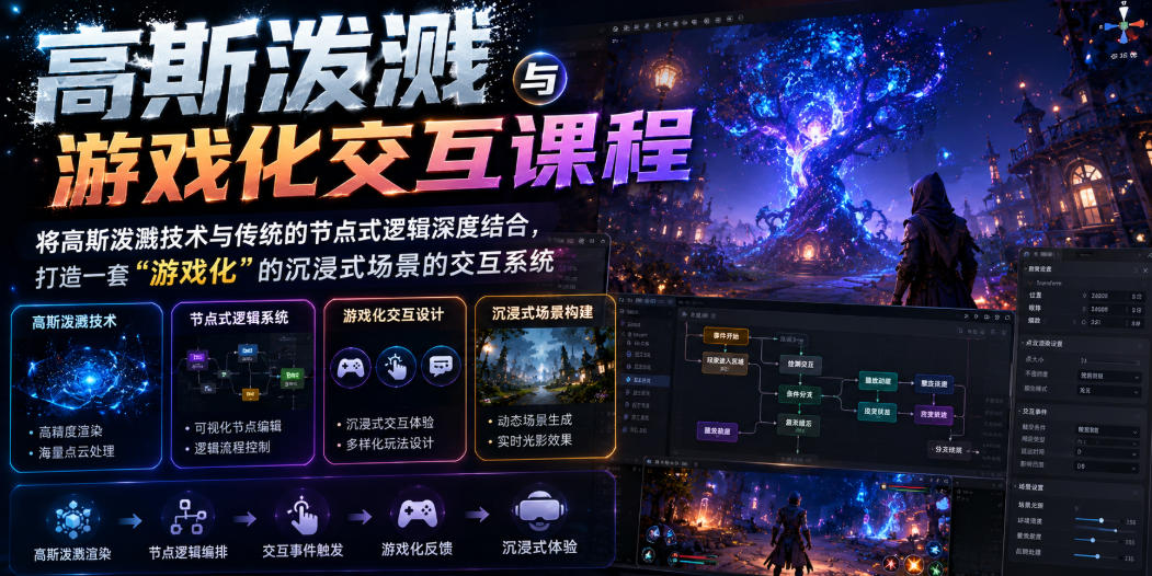 高斯泼溅与游戏化交互课程，将高斯泼溅技术与传统的节点式逻辑深度结合，打造一套“游戏化”的沉浸式场景的交互系统-蜗牛学社