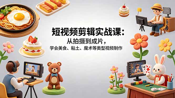 短视频剪辑实战课：从拍摄到成片，学会美食、粘土、魔术等类型视频制作-冒泡网