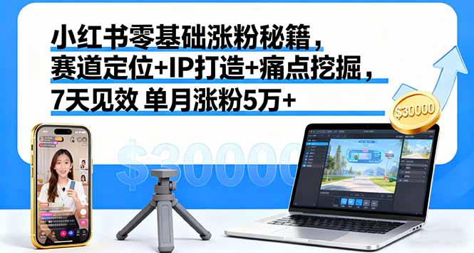 小红书零基础涨粉秘籍，赛道定位+IP打造+痛点挖掘，7天见效 单月涨粉5万+-冒泡网