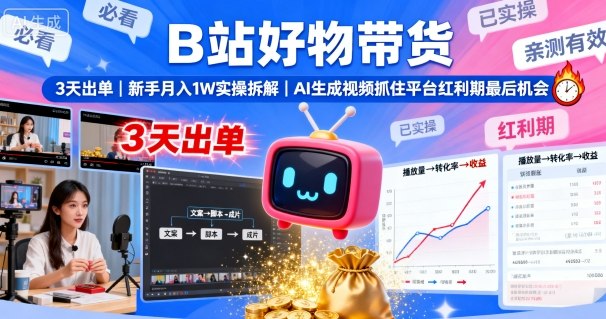 B站好物带货，3天出单，新手月入1W实操拆解，AI生成视频，抓住平台红利期最后机会-冒泡网