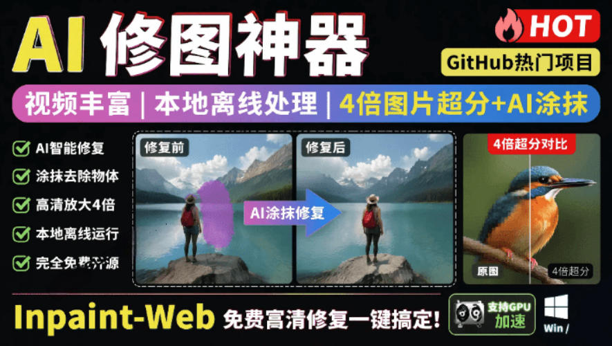 本地离线处理，4倍图片超分+AI涂抹去水印！Github上热门神器，免费高清修复图一键搞定！Inpaint-Web-冒泡网
