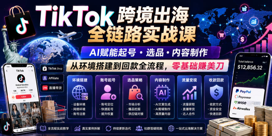 TikTok跨境出海全链路实战课，AI赋能起号・选品・内容制作，从环境搭建到回款全流程，零基础賺美刀-冒泡网