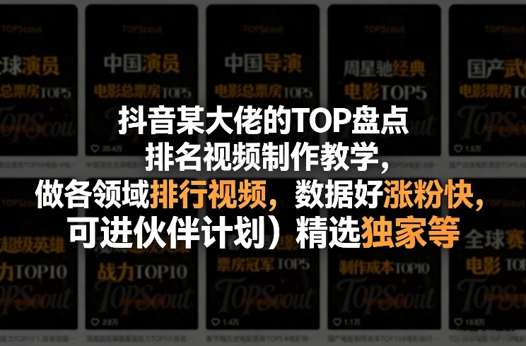 抖音某大佬的TOP盘点排名视频制作，做各领域排行视频，数据好涨粉快，可进伙伴计划＋精选独家等-冒泡网