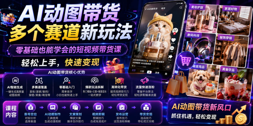 AI动图带货多个赛道新玩法，零基础也能学会的短视频带货课，轻松上手，快速变现-蜗牛学社