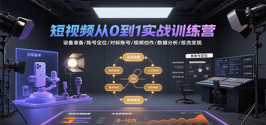 短视频从0到1实战训练营：设备准备/账号定位/对标账号/视频创作/数据分析/投流变现-冒泡网