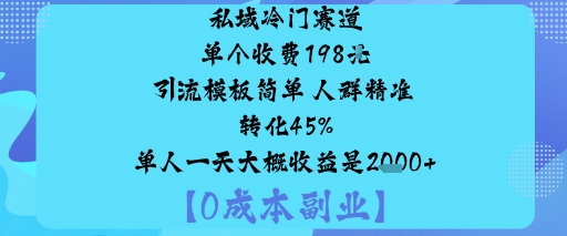 私域冷门赛道:单个收费198米引流模板简单人群精准转化45%单人一天大概收益是1k+-冒泡网