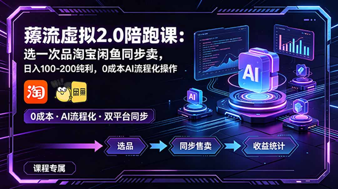 薅流虚拟2.0陪跑课：选一次品淘宝闲鱼同步卖，日入100-200纯利，0成本AI流程化操作-冒泡网