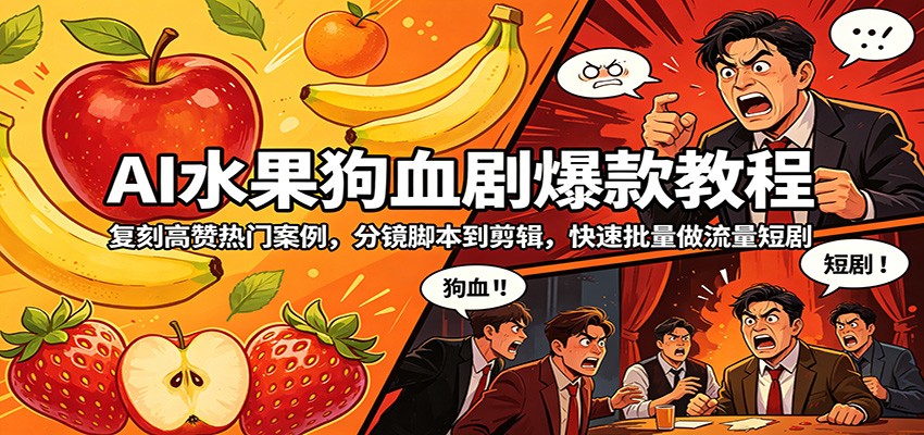 AI水果狗血剧爆款教程：复刻高赞热门案例，分镜脚本到剪辑，快速批量做流量短剧-冒泡网