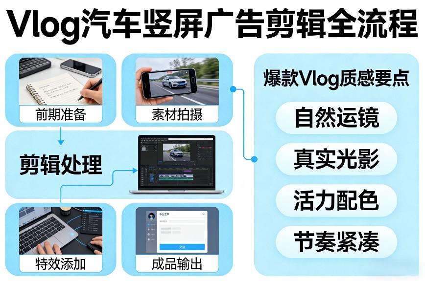 Vlog感觉汽车竖屏广告剪辑脚本全流程，拿捏爆款Vlog质感-冒泡网