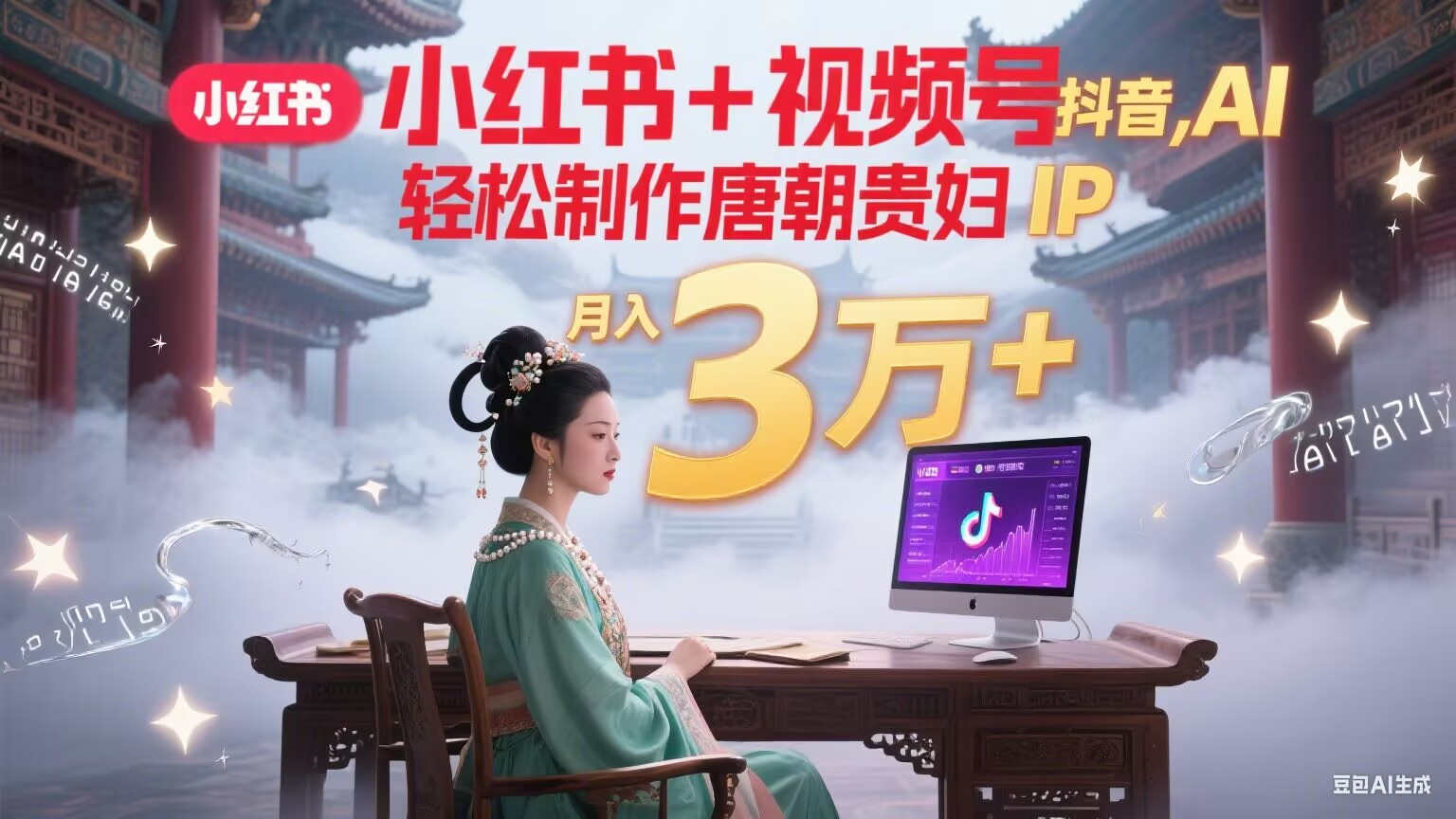小红书+视频号+抖音，AI轻松制作唐朝贵妇IP，毒鸡汤、励志、减肥瘦身、养生赛道轻松切入，每天30分钟，轻松产出N条，月入3万+-冒泡网