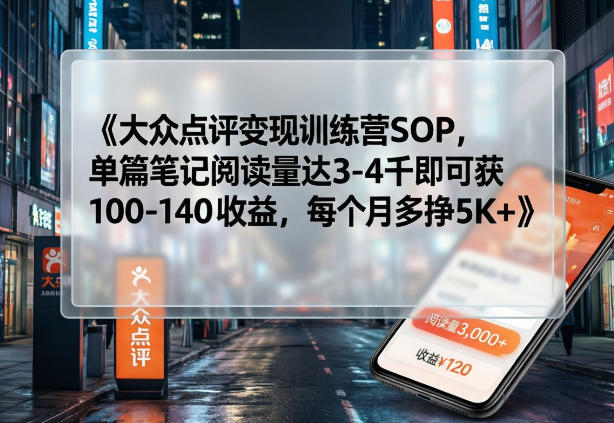 大众点评变现训练营SOP，单篇笔记阅读量达3-4千即可获100-140收益，每个月多挣5K+-冒泡网