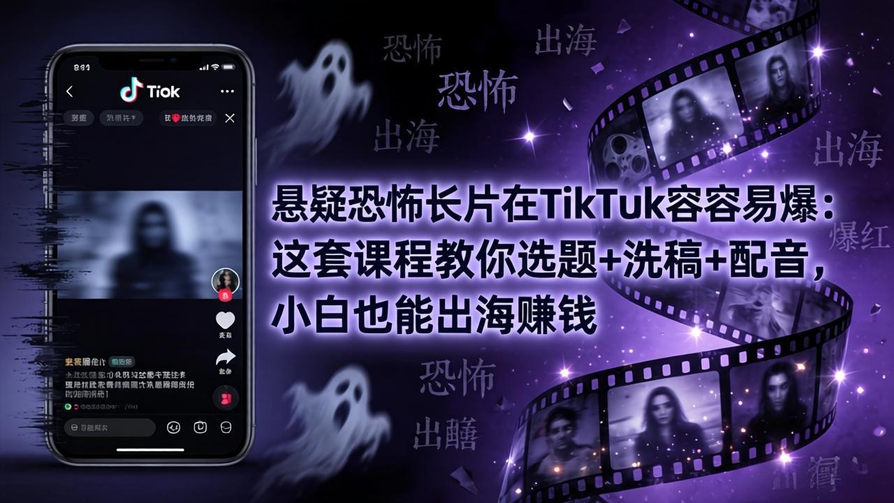 悬疑恐怖长片在TikTok最容易爆：这套课程教你选题+洗稿+配音，小白也能出海赚钱-冒泡网