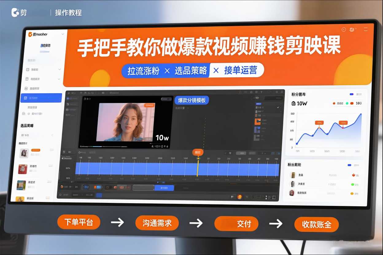手把手教你做爆款视频赚钱剪映课，手把手教学拉流涨粉、选品策略和接单运营(更新2026)-冒泡网